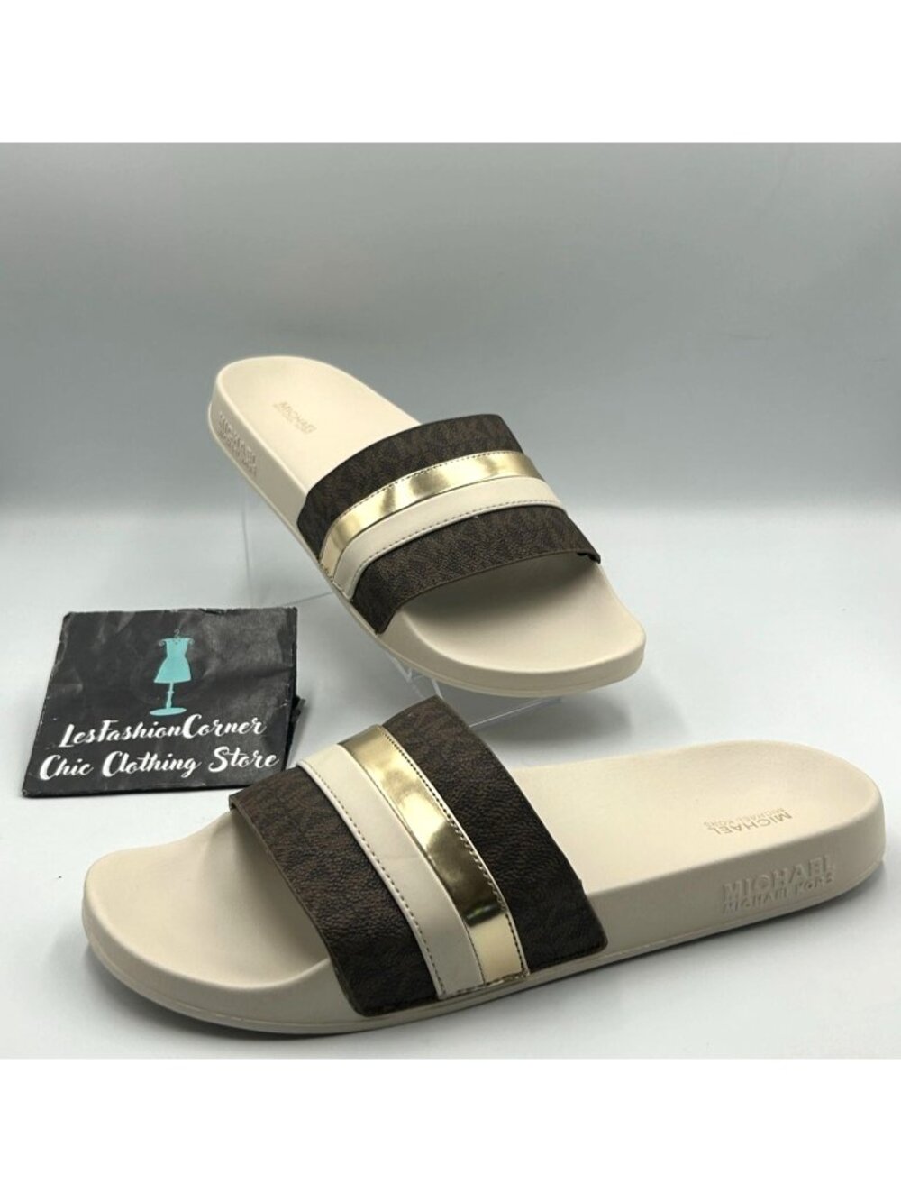 NWOB Michael Kors Men's Rubber White Brandy Metallic Striped Sandal Size 11 3490 - Picture 7 of 16